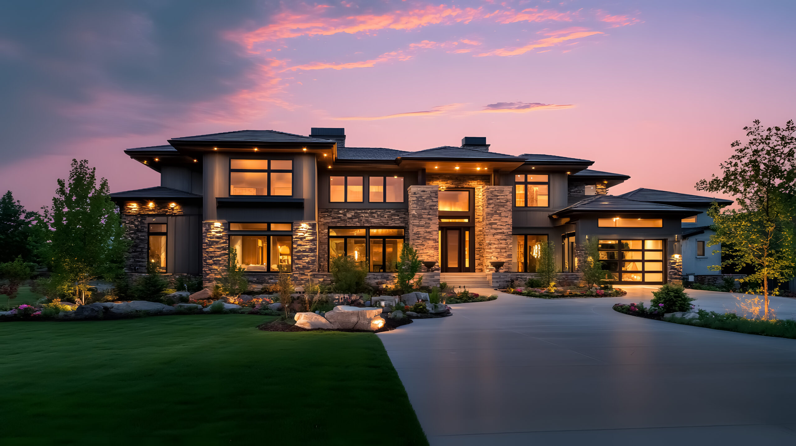 New contemporary style luxury home exterior at twilight. luxury home construction progress Central Oregon
