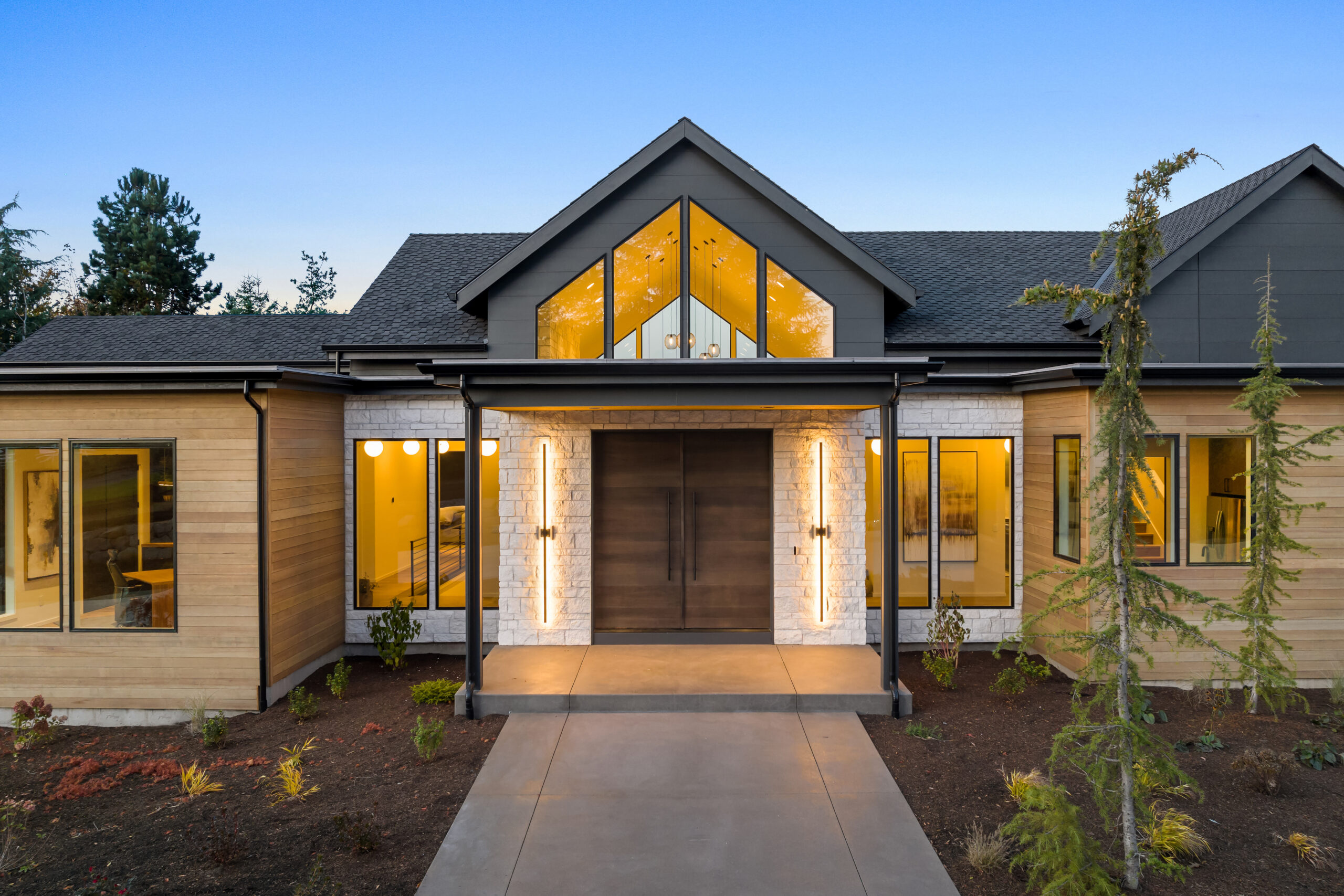 New Contemporary Style Luxury Home Exterior luxury master bedroom with mountain modern design and large windows
