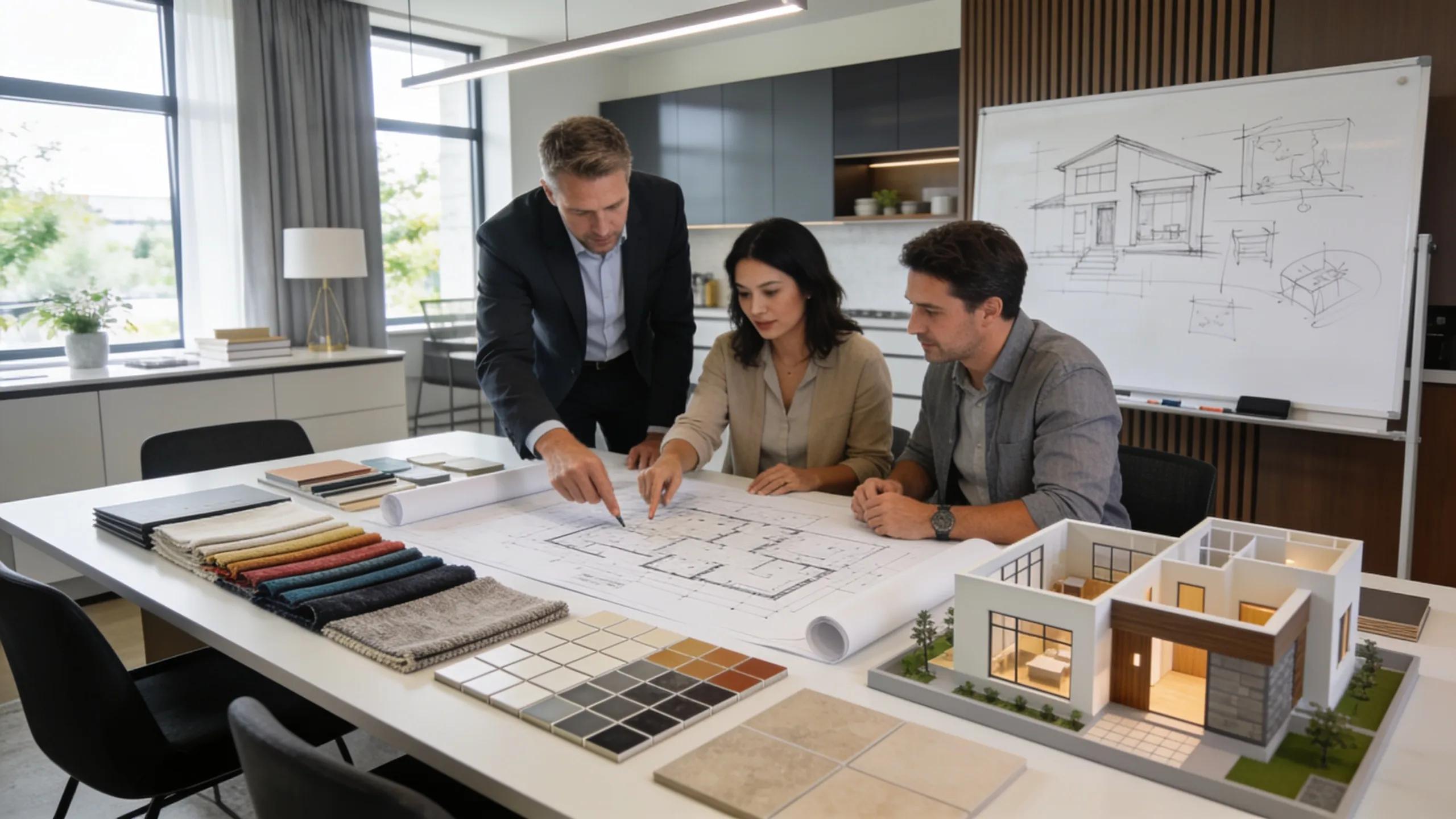 Clients collaborating with builder on architectural and interior design integration in a custom home project