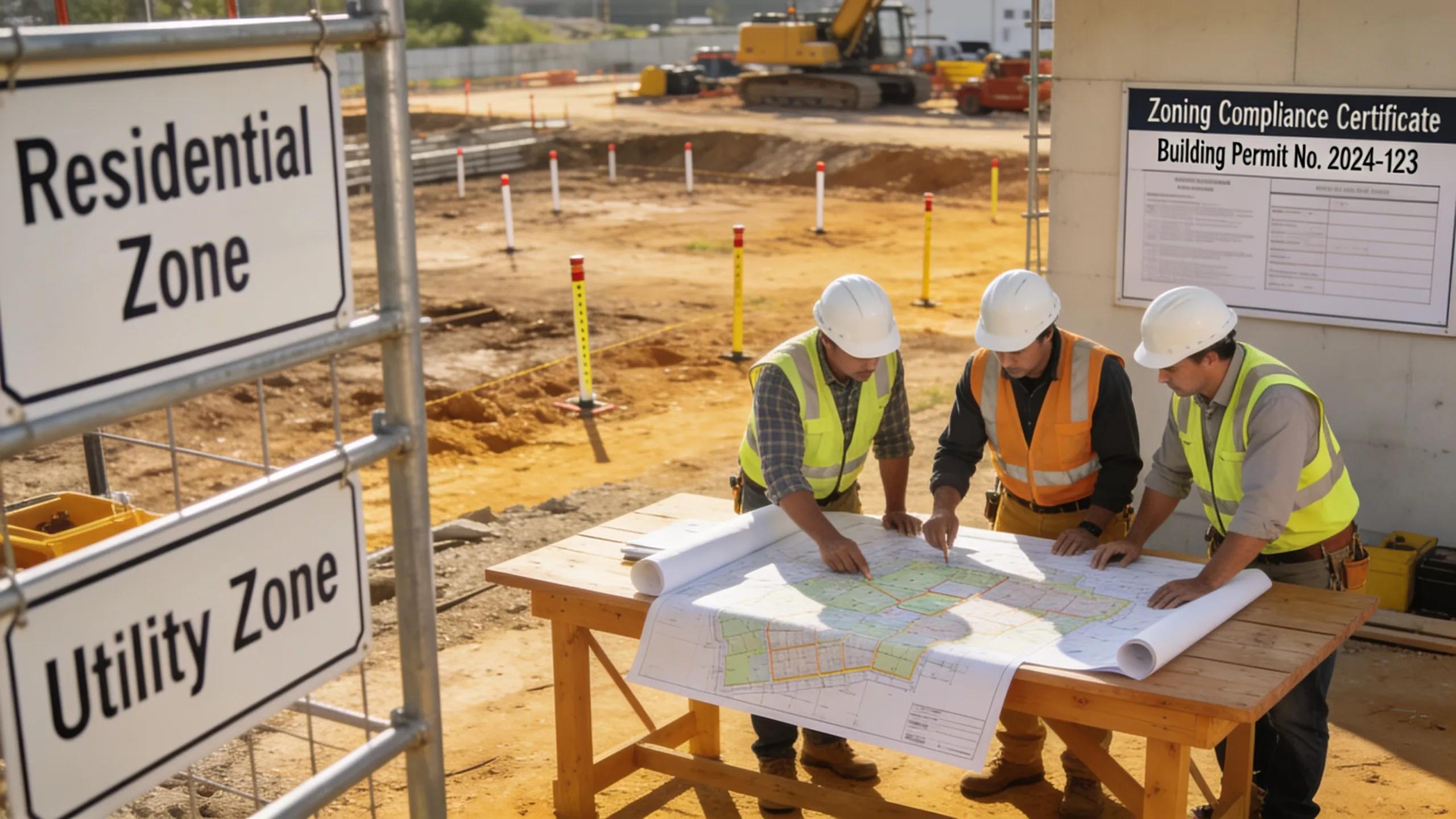 Construction site showcasing zoning signs and builders consulting on local codes